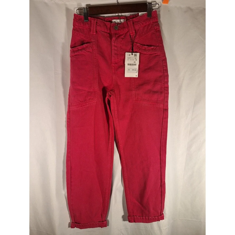 Zara Kids Dark Pink Mom Fit Jeans Girls Size 13-14 High Waisted Distressed Denim